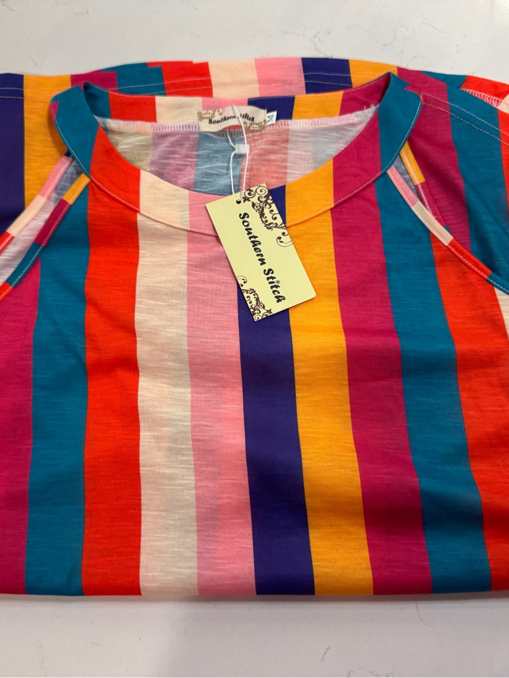 Southern Stitch Multi-Stripe Short Sleeve Top - Pink/Teal/Orange
